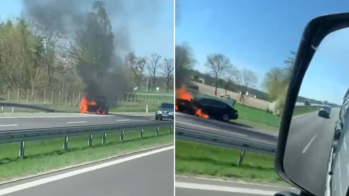 Pożar BMW na drodze ekspresowej S19 w Obrokach