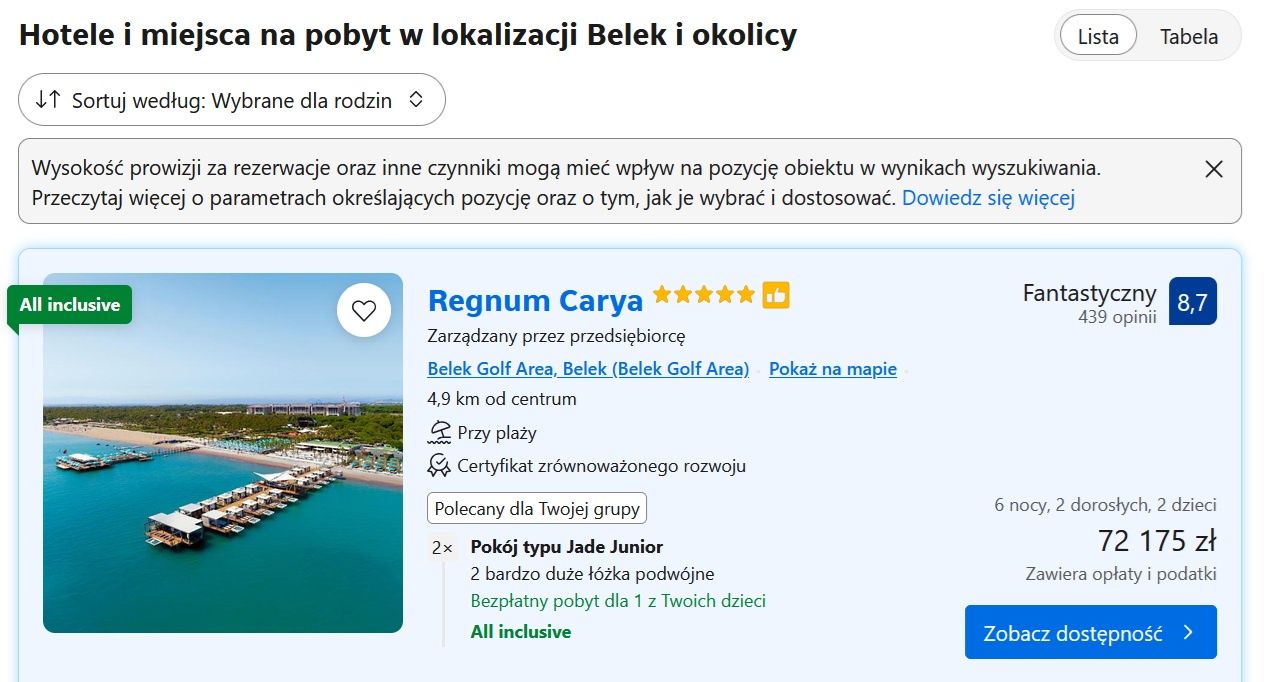 Oferta noclegów w hotelu Regnum Carya