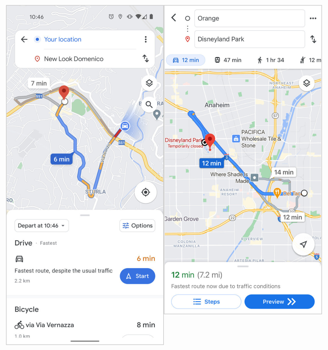 Od lewej: "nowy" i obecny interfejs Map Google, fot. XDA Developers.