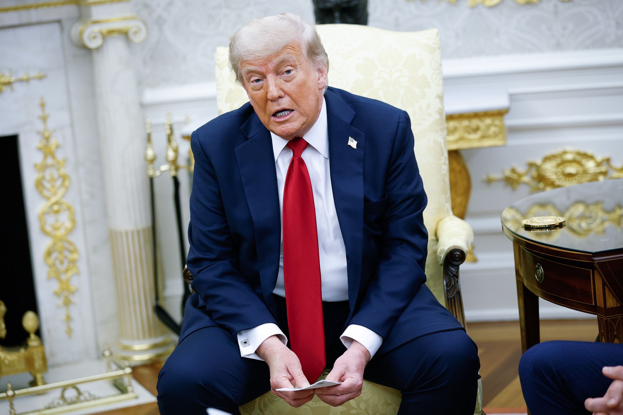 WASHINGTON, DC - JULY 14: U.S. President Donald Trump delivers remarks while meeting with NATO Secretary General Mark Rutte in the Oval Office at the White House on July 14, 2025 in Washington, DC. Trump is meeting with Rutte a day after announcing that the U.S. will send Patriot air defense missiles to Ukraine to help it defend against Russia's intensifying aerial attacks. (Photo by Kevin Dietsch/Getty Images)