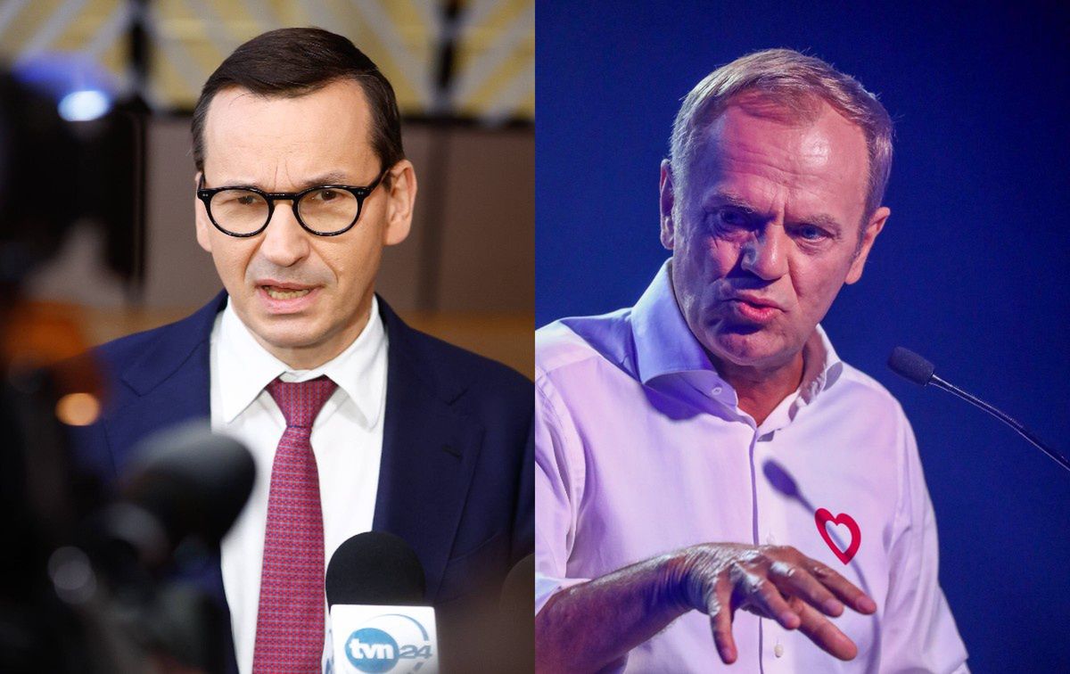 Po lewej Morawiecki, po prawej Tusk - najprawdopodobniej to on zastąpi Morawieckiego na stanowisku premiera 