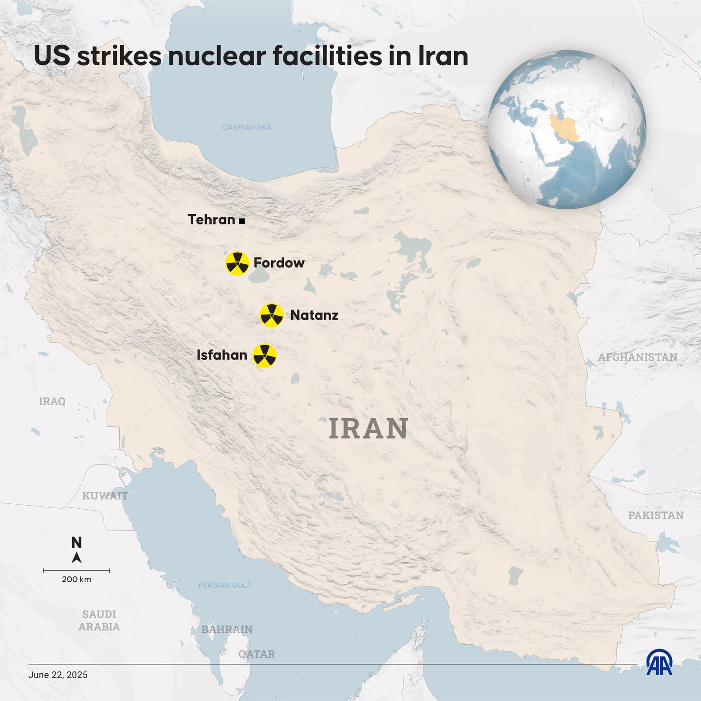  An infographic titled "US strikes nuclear facilities in Iran" created in Ankara, Turkiye on June 22, 2025. (Photo by Yilmaz Yucel/Anadolu via Getty Images)