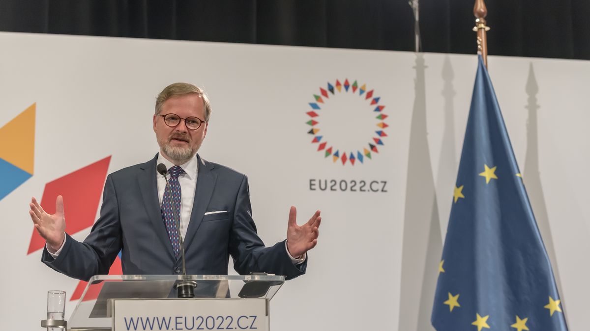 LITOMYSL, CZECH REPUBLIC - 2022/07/01: Czech prime minister Petr Fiala speaks during a press conference. Senior European leaders visited The College of the European Commission on the very first day of the Czech Presidency of the Council of the European Union in Litomysl, Czech Republic. (Photo by Tomas Tkacik/SOPA Images/LightRocket via Getty Images)