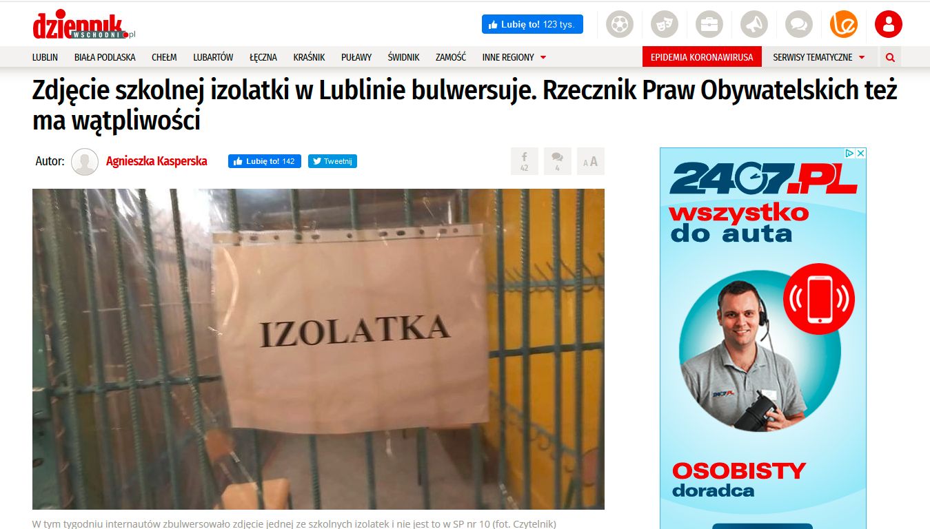 Artykuł przedstawiający rzekomo izolatkę w jednej z lubelskich podstawówek 