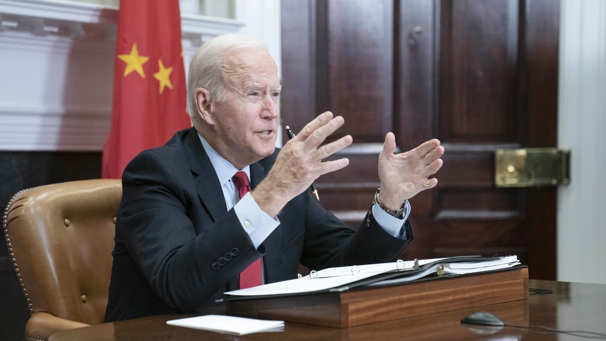 U.S. President Joe Biden speaks while meeting virtually with Xi Jinping, China's president, in the Roosevelt Room of the White House in Washington, D.C., U.S., on Monday, Nov. 15, 2021. With trade, Taiwan and China's economic practices on the agenda, the U.S. is hoping to put "guardrails" on the relationship so things don't worsen. Photographer: Sarah Silbiger/UPI/Bloomberg via Getty Images