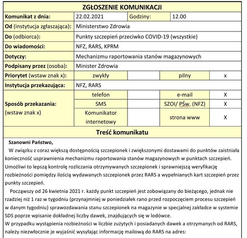 Ministertswo Zdrowia zarządza liczenie dawek w całej Polsce. 