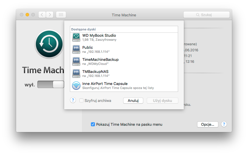 W Time Machine wystarczy wybrać odpowiedni dysk, a cała archiwizacja będzie przebiegała automatycznie, w tle.