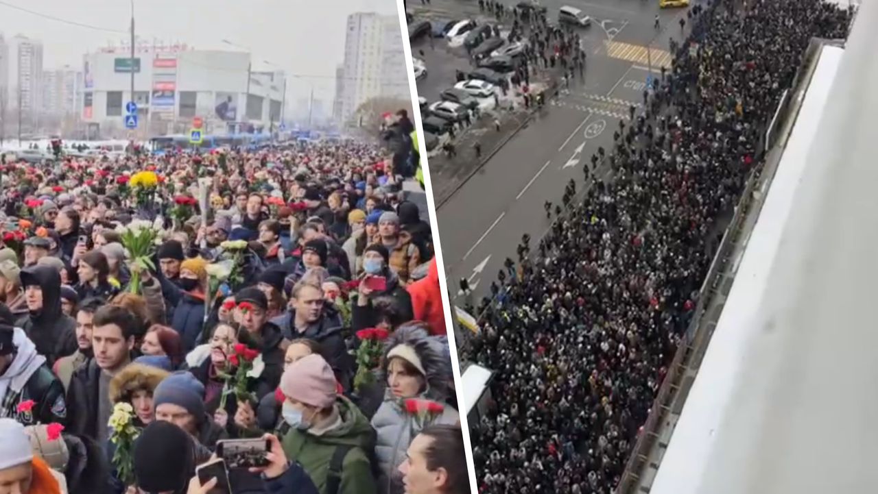 A sea of people in the streets. They chant anti-war and anti-Putin slogans.