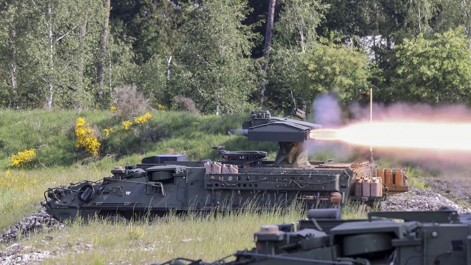 A US Army Stryker armored vehicle fitted with an anti-tank guided Tube-launched, Optically tracked, Wire-guided (TOW) missile launcher during a heavy weapons leaders course at the US military Grafenwoehr Training Area in Grafenwoehr, Germany, in Grafenwoehr, Germany, on Thursday, May 23, 2024. Officials at Germany's domestic intelligence service are concerned that Russian intelligence agencies are systematically targeting Russian-Germans living in the country via social media channels, a person familiar with the matter said on condition of anonymity. Photographer: Alex Kraus/Bloomberg via Getty Images