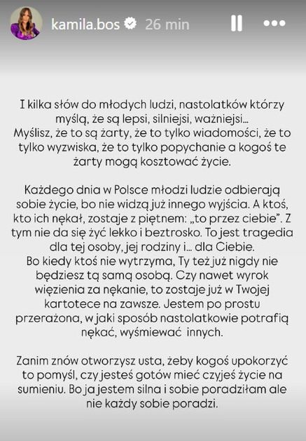 Wpis Kamili Boś na Instagramie