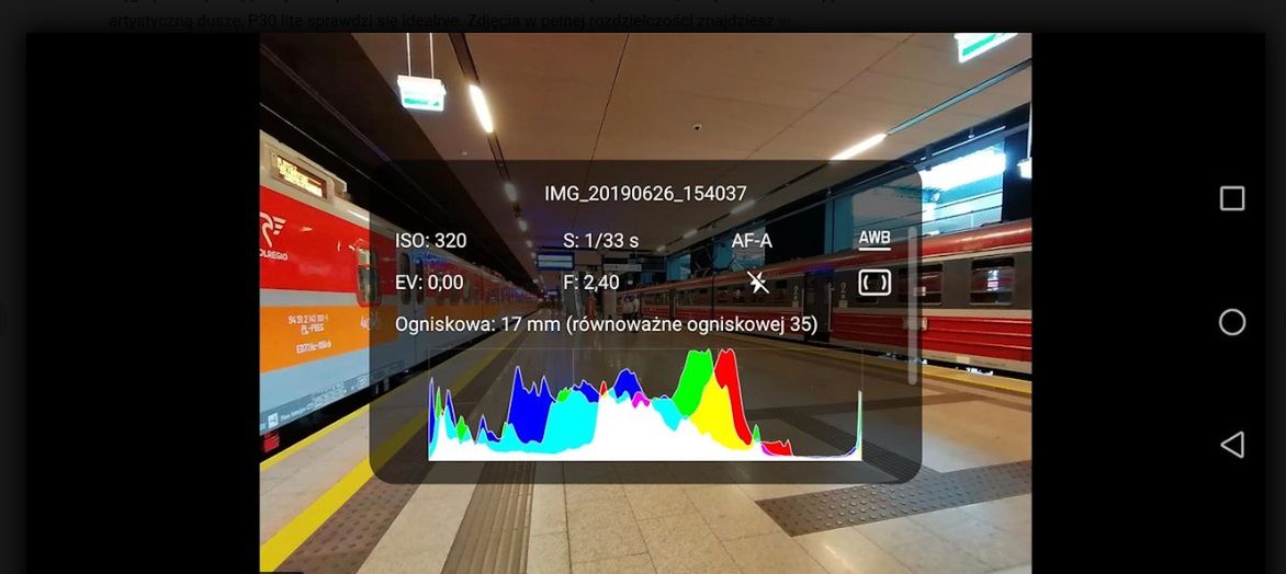 Widok metadanych i histogramu zdjęcia w galerii