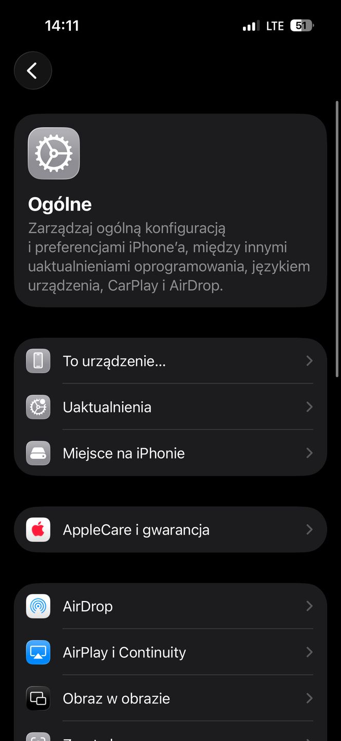 Ustawienia "Ogólne" w iOS