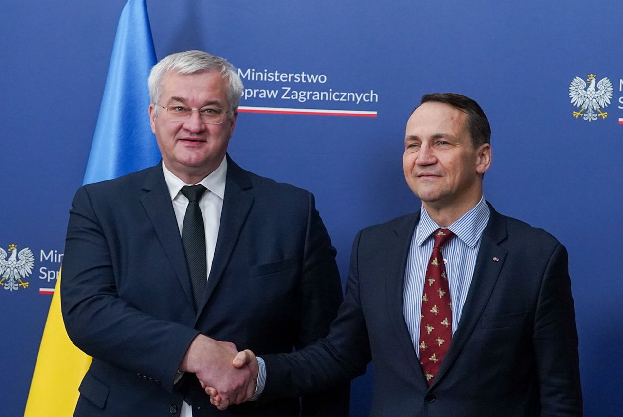 WARSAW, POLAND - 2024/11/26: Minister of Foreign Affairs of Poland Radoslaw Sikorski, greets the Ukrainian Foreign Minister Andriy Sybiha.