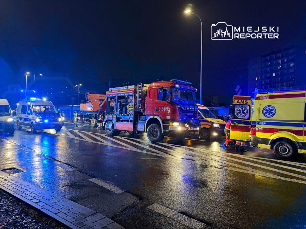 Pojazdy służb ratunkowych oraz policyjnych na mokrej ulicy w nocy, otoczone niebieskimi światłami.