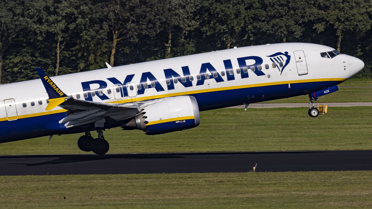 Ryanair Boeing 737 MAX 8 as seen during taxiing, take off and flying phase in Eindhoven Airport EIN. The Boeing 737 MAX-8 or 737-8200 MAX has the Ryanair livery but belongs to Buzz, the former Ryanair Sun, subsidiary of the Irish budget airline Ryanair. The B38M of the low cost carrier has the registration SP-RZK and is powered by 2x CFMI jet engines. Ryanair is a multinational low-cost airline group headquartered in Dublin, Ireland serving passenger flights as the largest low cost airline in the world. Eindhoven, Netherlands on September 2023.  (Photo by Nicolas Economou/NurPhoto via Getty Images)