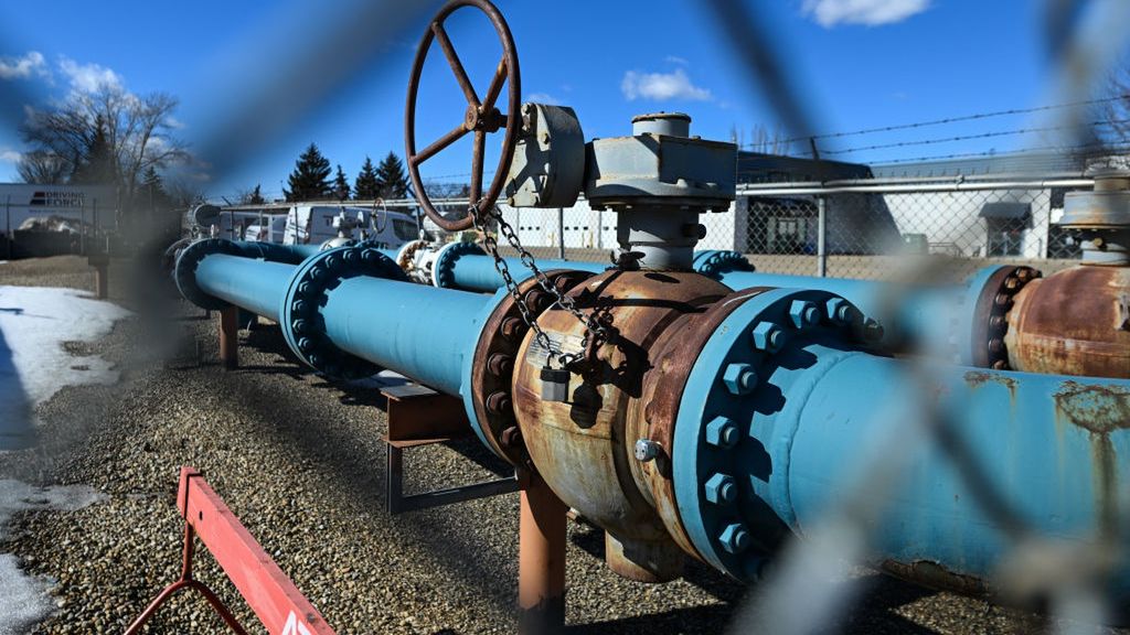 Daily Life In Edmonton
EDMONTON, CANADA  MARCH 22: 
A close-up of a pipeline valve with underground gate valves and a water valve on a blue pipeline in Edmonton, Alberta, Canada, on March 22, 2025. (Photo by Artur Widak/NurPhoto via Getty Images)
NurPhoto
regulation, infrastructure, flow, valve, settings, monitoring, tariffs, tech, gate valves, fluid, atco company, utility, mechanical, energy, industrial, management, jobs, pressure, hydraulic, oil-and-gas, sector, energy supply, atco enpower, march 22, oil, systems, maintenance, utility maintenance, construction, work, operational, system, operations, water valve
