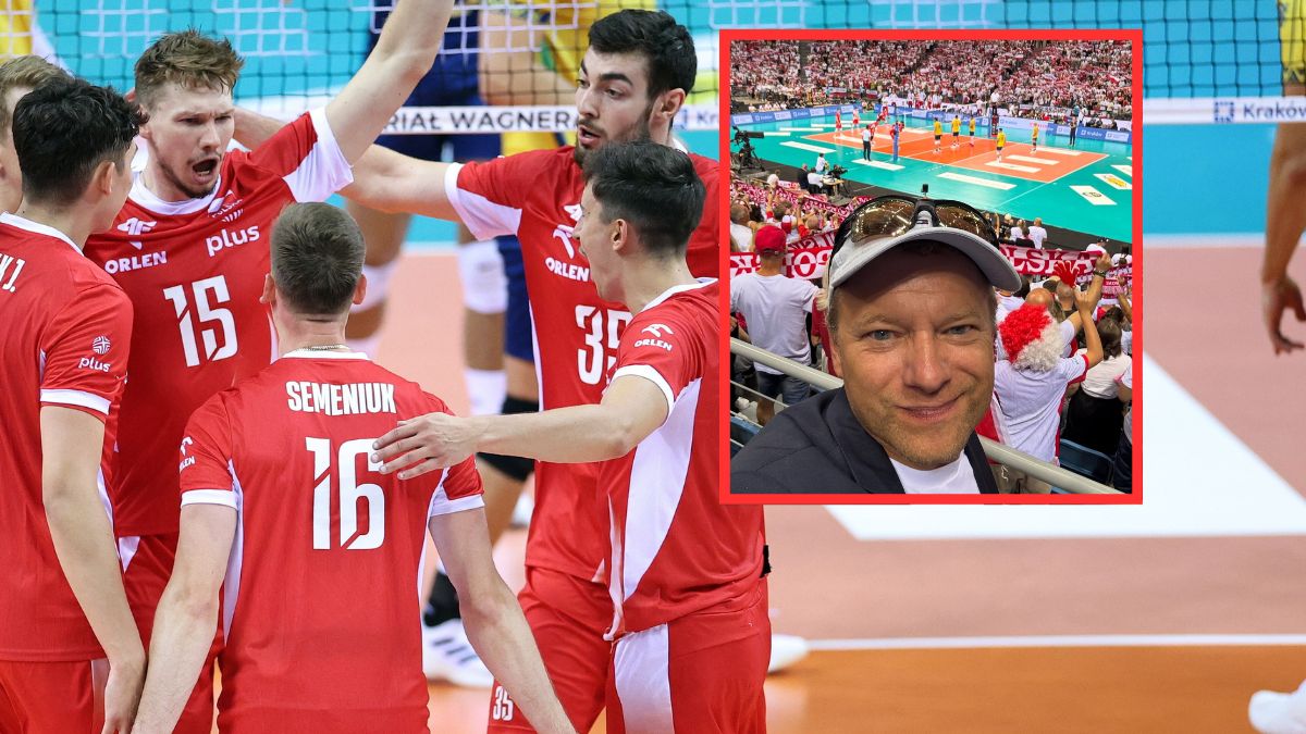 Maciej Stuhr wspierał polskich siatkarzy w meczu z Brazylią.