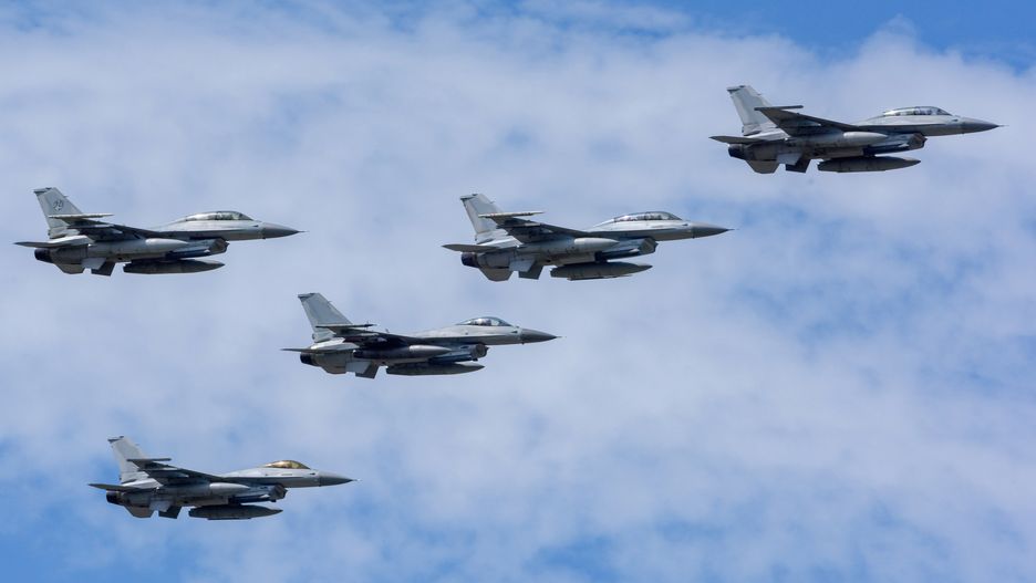 SEONGNAM, SOUTH KOREA - 2024/09/25: South Korean Air Force's KF-16 fighter squadron seen during the 76th anniversary of Armed Forces Day pre-media day at Seoul Air Force Base. Armed Forces Day in South Korea is celebrated annually on October 1. It commemorates the service of men and women in the Republic of Korea Armed Forces and marks the day South Korean forces broke through the 38th parallel during the Korean War in 1950. (Photo by Kim Jae-Hwan/SOPA Images/LightRocket via Getty Images)