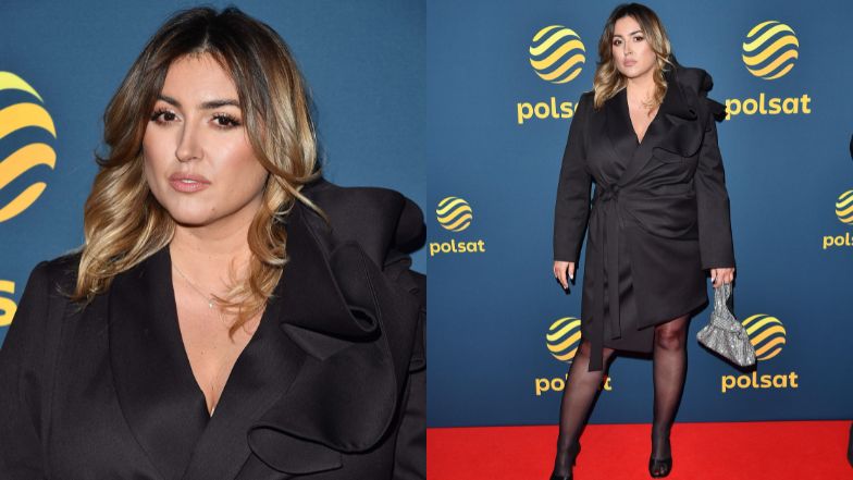 Karolina Szostak nie popisała się stylizacją na ramówce Polsatu. Długa marynarka z wiązaniem i błyszcząca torba (ZDJĘCIA)