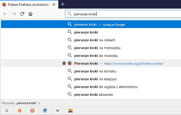 Nawet po wpisaniu pełnego tytułu zakładki, strona Mozilli (będąca na pasku zakładek) nie jest proponowana jako domyślna wśród podpowiedzi.