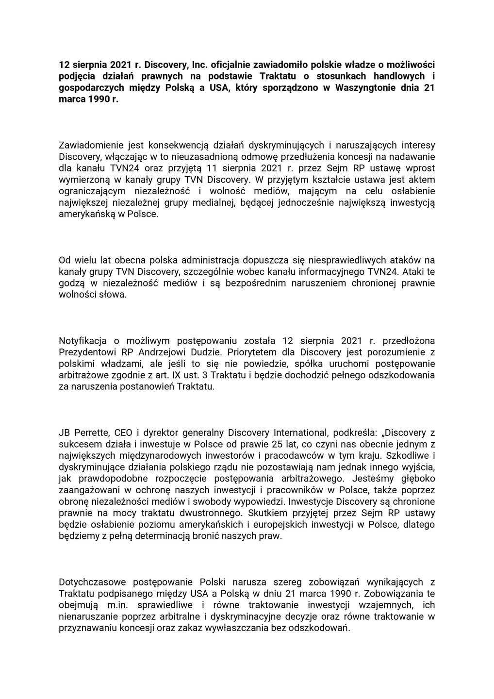 Cały komunikat Grupy Discovery 