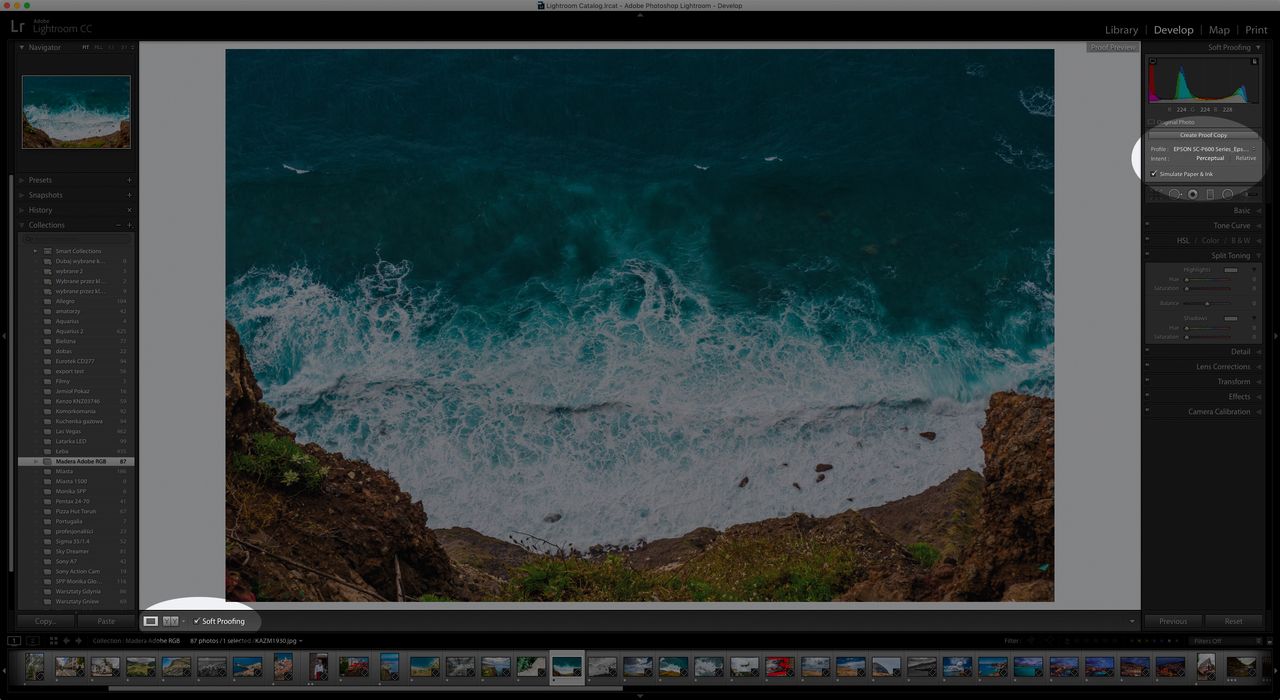 W Lightroomie możesz wybrać opcję soft proofingu, czyli podglądu wydruku wraz z symulacją papieru. Dodatkowo, możesz wybrać odpowiedni profil, który ma zostać zasymulowany.