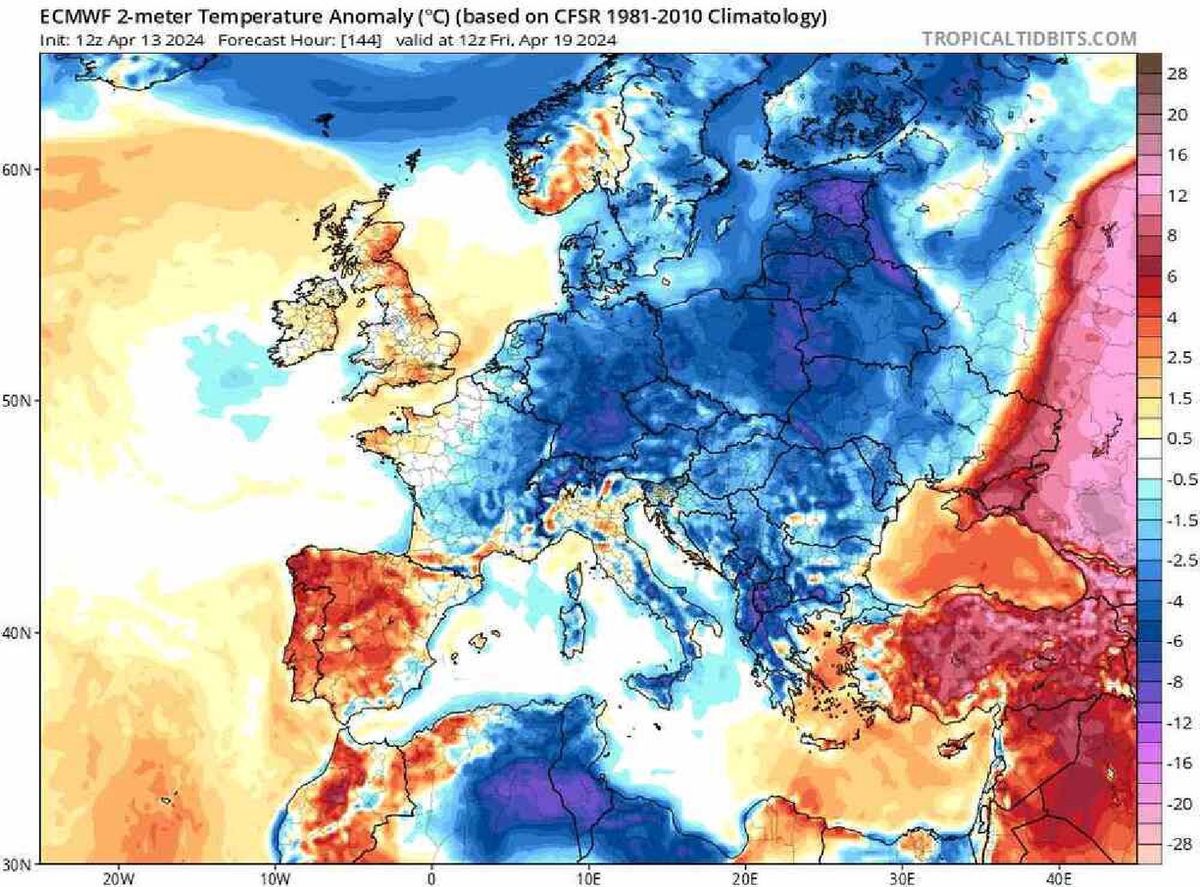 Idzie gwałtowne ochłodzenie. Na mapie widać anomalię temperatury w kwietniu w porównaniu do średniej z lat 1981-2010