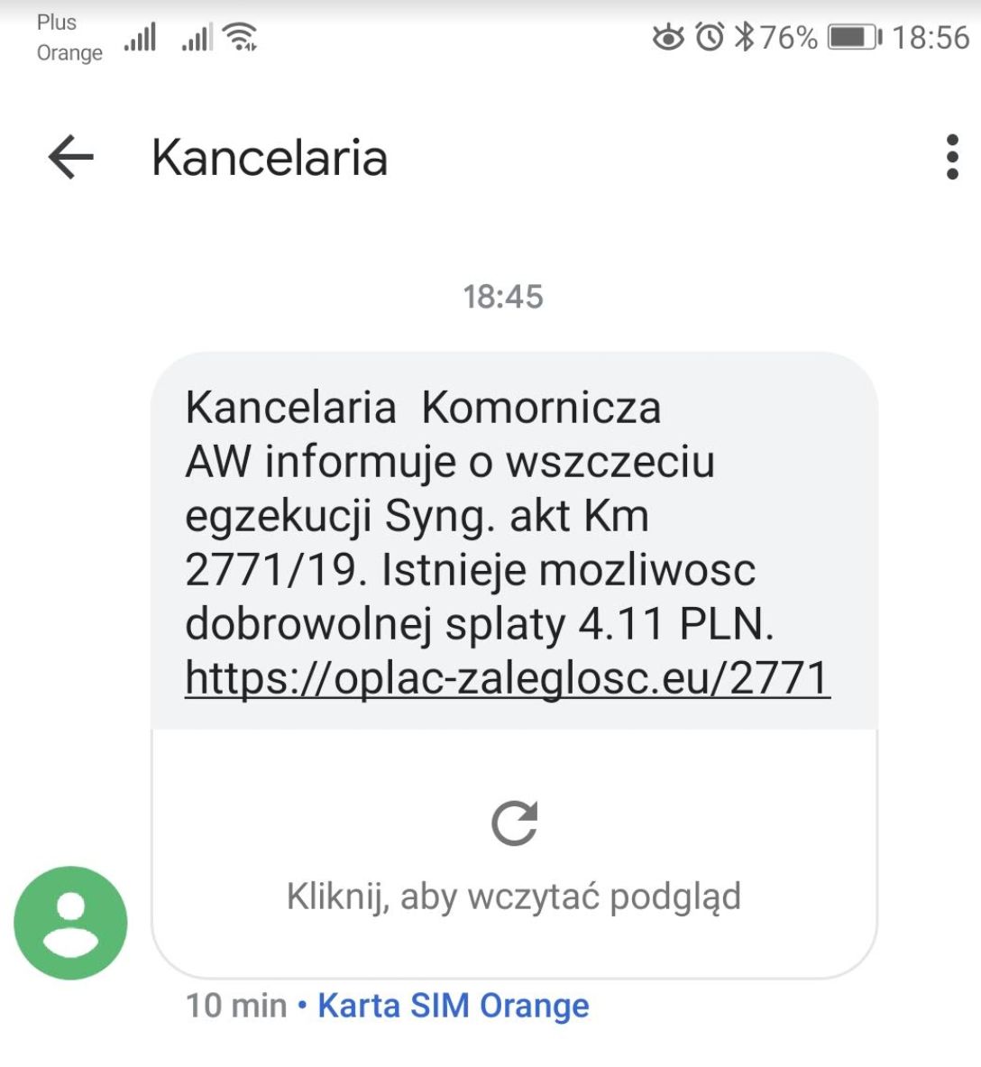 SMS od oszustów udających "Kancelarię", źródło: Niebezpiecznik.