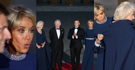Pomocna Brigitte Macron poprawia pelerynę królowej Camilli. Panie postawiły na suknie wieczorowe od Diora (ZDJĘCIA)