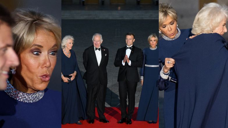Pomocna Brigitte Macron poprawia pelerynę królowej Camilli. Panie postawiły na suknie wieczorowe od Diora (ZDJĘCIA)