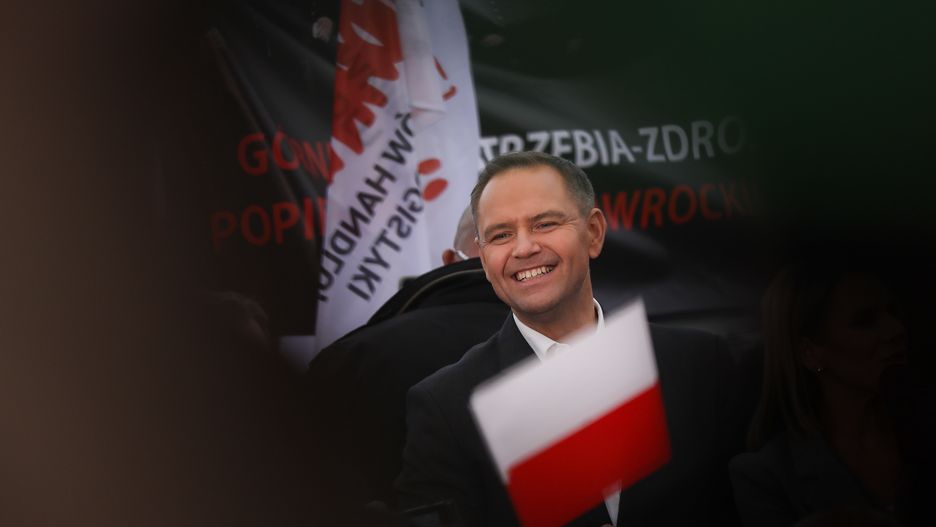 Karol Nawrocki, candidate for president of Poland supported by Law and Justice, participates in an election rally at the Flower Square in Katowice, Poland, on May 29, 2025. In the second round of the election on June 1, Karol Nawrocki faces Rafal Trzaskowski of the Civic Platform. (Photo by Klaudia Radecka/NurPhoto via Getty Images)