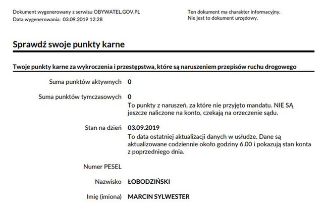 Tak wygląda plik z informacją o punktach karnych. Na waszym będzie jeszcze nr PESEL.