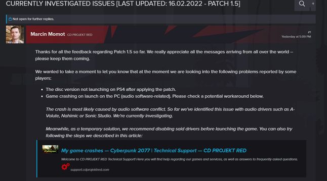 CD Projekt wie o problemie z patchem 1.5 
