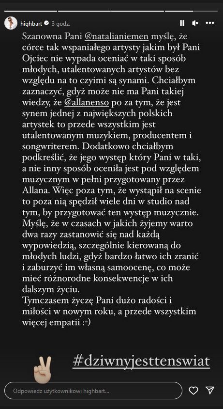 Bart Pniewski reaguje na słowa Natalii Niemen