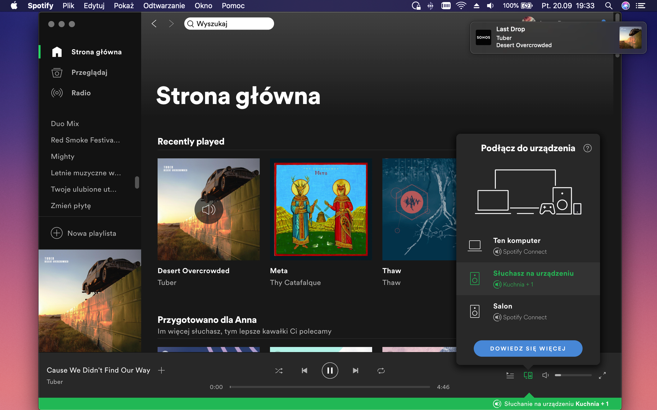 Aplikacja Spotify z menu wyboru głośników
