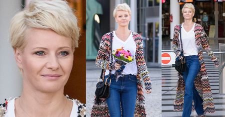 Kożuchowska w dzwonach i wełnianym swetrze do ziemi