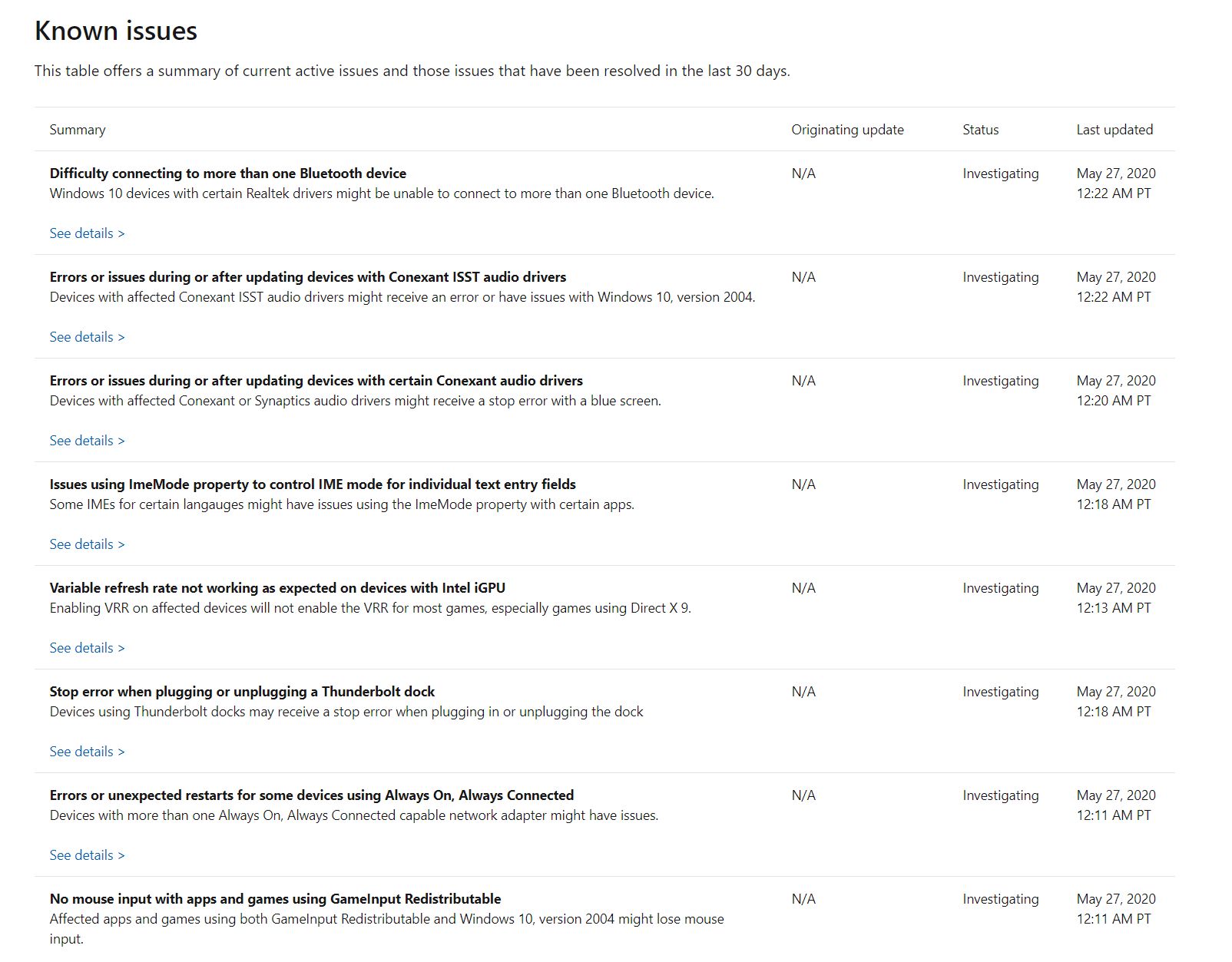 Informacje o pierwszych usterkach Windows 10 20H1, źródło: Microsoft.
