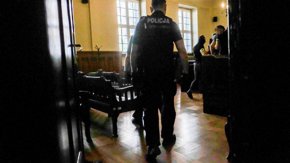 Policjanci prowadzą do sali rozpraw 17-letniego Alana O. Sąd w Poznaniu, 25 lipca 2022 roku