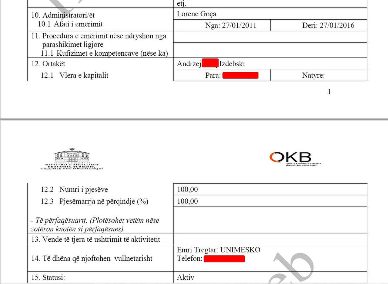 Wyciąg z albańskiego odpowiednika KRS, dowodzący, że spółka Unimesko jest podmiotem aktywnym