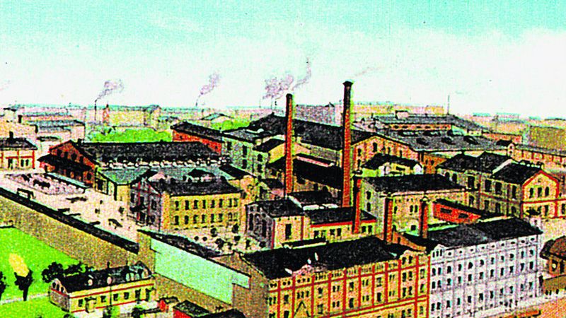 Zjednoczone Browary Warszawskie Haberbusch i Schiele przy ul. Krochmalnej 59 - widok z reklamy prasowej ok. 1920 roku