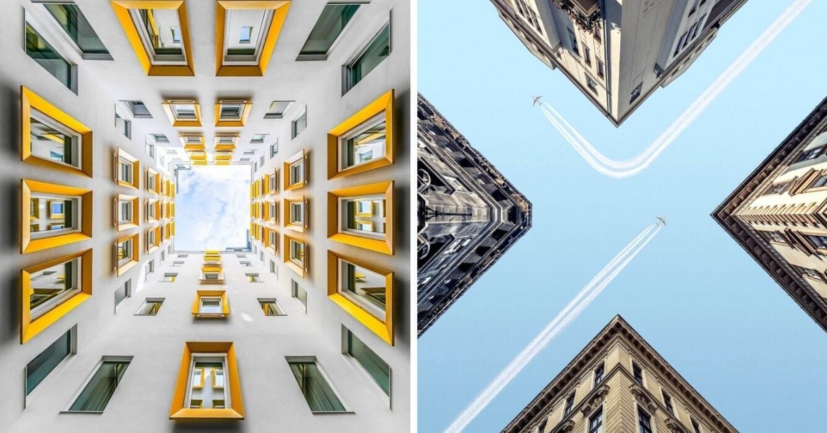 17 budynków sfotografowanych od dołu w hołdzie miłość do symetrii