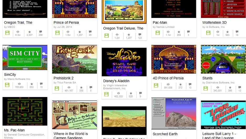 Screen z pierwszej strony listy gier MS-DOS dostępnych na stronach Internet Archive
