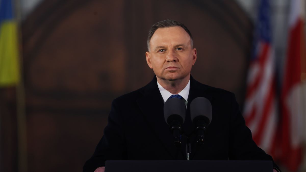 President of Poland Andrzej Duda delivers the speech before the remarks of the President of the United States Joe Biden at the Royal Castle Gardens in Warsaw, Poland on February 21, 2023. President Biden visits Poland, after the unexpected visit to Kyiv, ahead of the anniversary of Russian invasion of Ukraine. (Photo by Jakub Porzycki/NurPhoto via Getty Images)