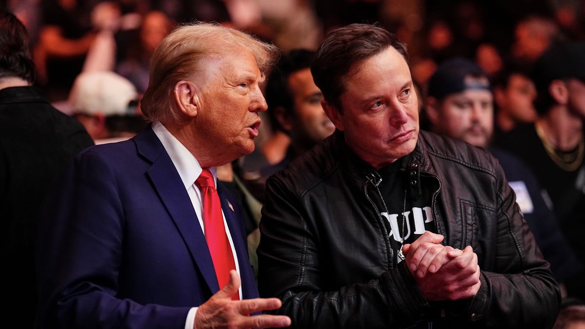 NEW YORK, NEW YORK - NOVEMBER 16: President-elect Donald Trump and Elon Musk talk ring side during the UFC 309 event at Madison Square Garden on November 16, 2024 in New York City. (Photo by Chris Unger/Zuffa LLC)