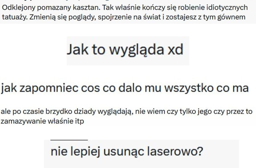 Komentarze pod zdjęciem o zamazanych tatuażach Quebo