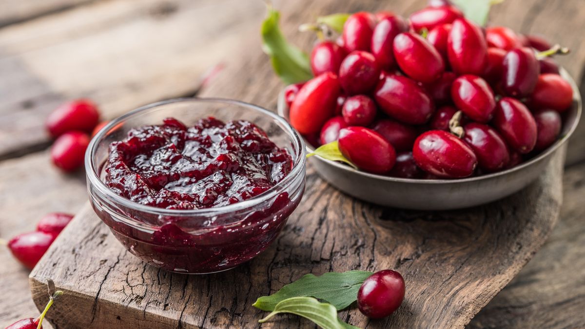 Homemade dogwood cornel jam in glass jarHomemade dogwood cornel jam in glass jargorchittza2012confiture, pulpy, cornel, viscous, edible fruit