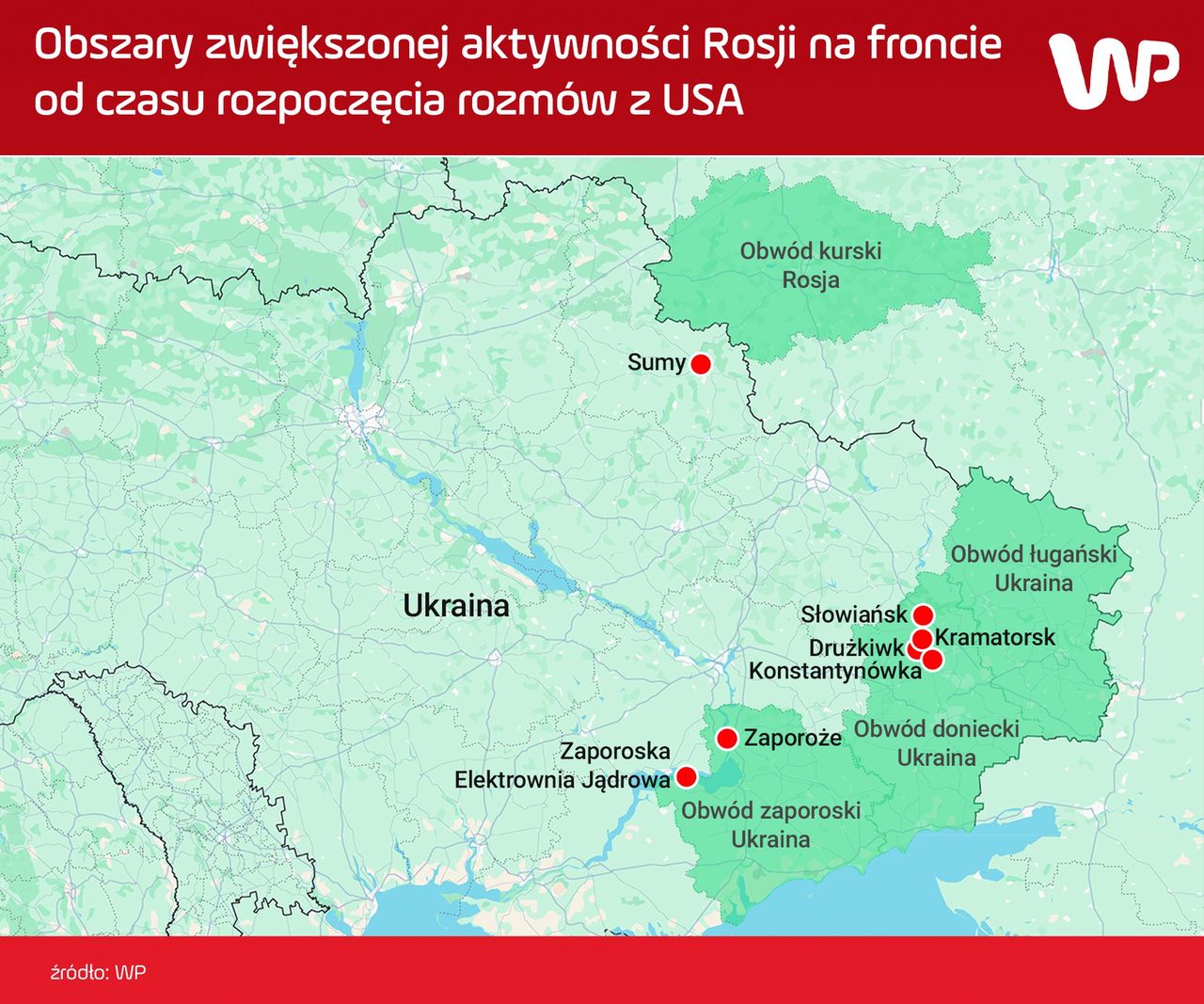 Obszary zwiększonej rosyjskiej aktywności na froncie od czasu rozpoczęcia rozmów z USA