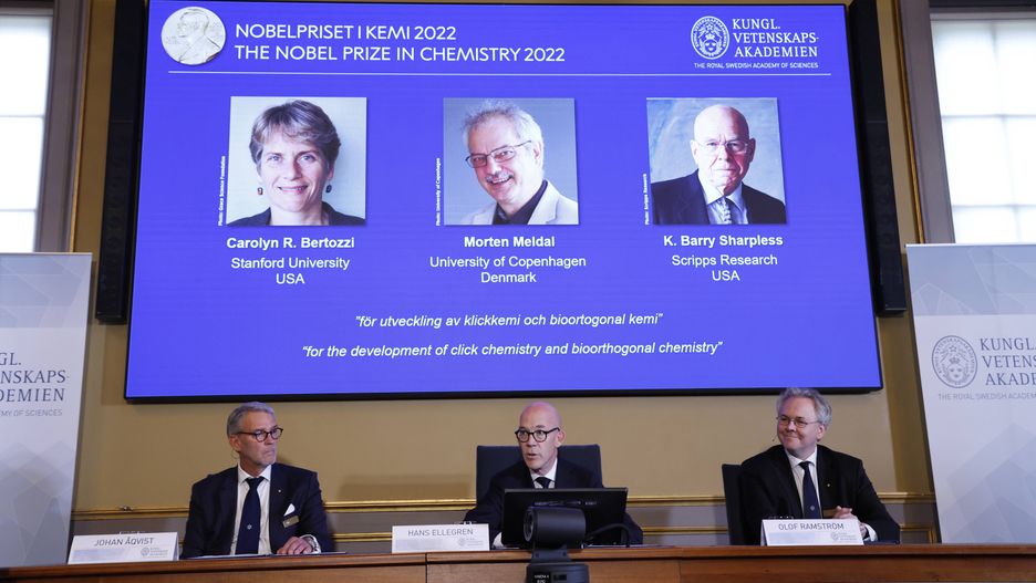 Announcement of 2022 Nobel Prize in Chemistry winners
epa10224404 Jonas Aqvist, Chairman of the Nobel Committee for Chemistry (L), Hans Ellegren, Secretary General of the Royal Swedish Academy of Sciences (C) and Olof Ramstrom, member of the Nobel Committee for Chemistry during a press conference at The Royal Swedish Academy of Sciences in Stockholm, Sweden, 05 October 2022. The winners of the 2022 Nobel Prize in chemistry are Caroline R. Bertozzi, USA, Morten Meldal, Denmark and K. Barry Sharpless, USA.  EPA/Christine Olsson SWEDEN OUT 
Dostawca: PAP/EPA.
Christine Olsson