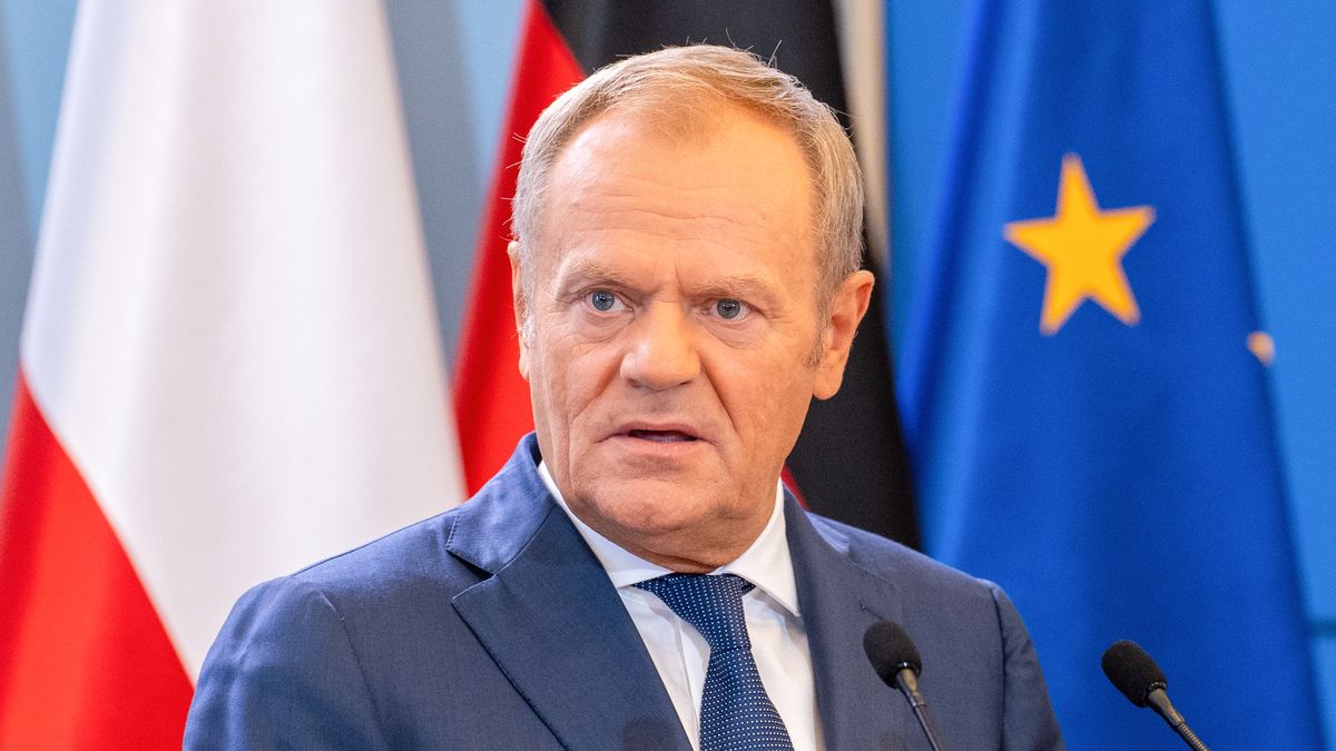 WARSAW, POLAND - 2024/07/02: Donald Tusk speaks during a press conference. Polish-German intergovernmental consultations took place at the Chancellery of the Prime Minister in Warsaw under the chairmanship of Prime Minister Donald Tusk and Chancellor of the Federal Republic of Germany Olaf Scholz. Prime Minister Tusk and Chancellor Scholz, together with their ministers, discussed the security of NATO's eastern flank in the context of the war in Ukraine, the threats related to illegal migration, economic cooperation between the two countries, and World War II reparations. Polish-German intergovernmental consultations took place at the Chancellery of the Prime Minister in Warsaw under the chairmanship of Prime Minister Donald Tusk and Chancellor of the Federal Republic of Germany Olaf Scholz. Prime Minister Tusk and Chancellor Scholz, together with their ministers, discussed the security of NATO's eastern flank in the context of the war in Ukraine, the threats related to illegal migration, economic cooperation between the two countries, and World War II reparations. (Photo by Marek Antoni Iwanczuk/SOPA Images/LightRocket via Getty Images)