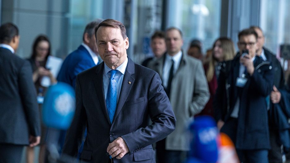 BRUSSELS, BELGIUM - APRIL 03: Radosław Sikorski, Minister of Foreign Affairs of Poland, arrives at the NATO headquarters on the first day of the NATO Foreign Ministers' Meeting on April 03, 2024 in Brussels, Belgium. The meeting of foreign ministers from NATO countries coincided with the 75th anniversary of the alliance's founding. (Photo by Omar Havana/Getty Images)
